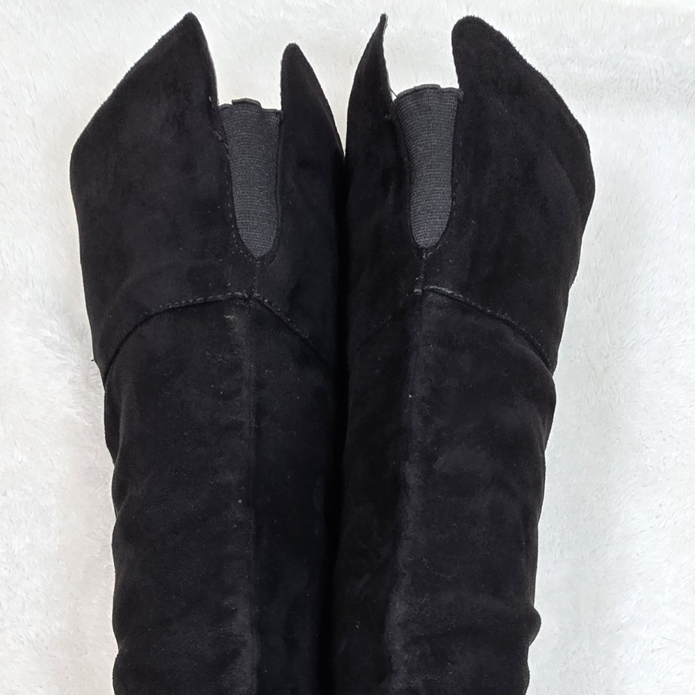 Italina Black Plush Suede Pom-Pom Over-Knee Boots Coquette Whimsigoth Sz.8 - Picture 8 of 16